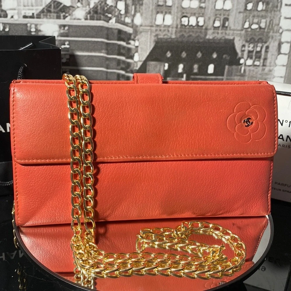 Vintage CHANEL Orange Leather Camellia Chain Wallet (2005)